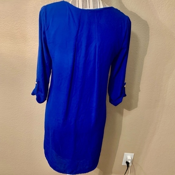 Everly Tunic Dress Small Royal Blue Mini Lined 3/4 Length Sleeves FoldUp Buttons - Picture 13 of 16